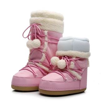 De iarnă pentru Femei Cizme de Zăpadă de Pluș Cald Confortabil Pantofi Platforma Doamna Dantelă-up de la Jumătatea Vițel Cizme Roz Non-alunecare Pantofi Platforma Botine
