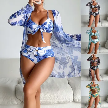 Talie mare Bikini 2024 Sexy 3 Piece Set de Bikini Acoperi costume de Baie Pentru Femei cu Maneci Lungi Push Up Costume de baie pentru Femei 3 Bucată