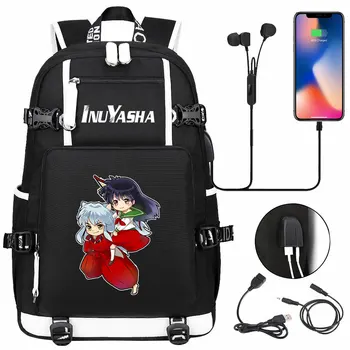 Inuyasha Stai Băiete Anime Rucsac Negru Bookbag Desene animate ghiozdane pentru Copii Adolescenți Călătorie Rucsac Laptop USB cu Saci de Umăr