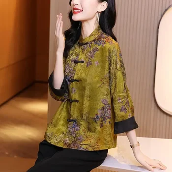 2023 Chineză tradițională hanfu bluza femei elegante stand guler cheongsam bluza verde jacquard casual de zi cu zi tangsuits bluza