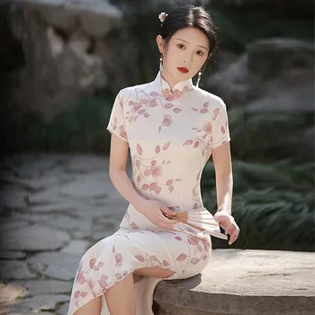 Chineză Tradițională Sexy Tipărite Jacquard Satin Qipao Femei pe Maneci Scurte Manual Butoane Cheongsam Rochie de Seara