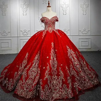 Roșu de lux Printesa Quinceanera Rochie de Pe Umăr Sclipitoare Aplicatiile de Margele Dulce 16 vestidos de 15 quinceanera Bal