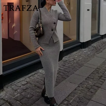 TRAZAF 2023 Toamna Femei Solide Vintage se Potriveste Nasturi la două Rânduri de Veste+Teaca Lungă de Aerisire Femei Fusta Casual, Fashion Seturi