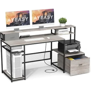 Biroul de acasa Biroul cu Monitor Stand Raft, 66 inch Mari Calculator de Birou cu Priză electrică și de Încărcare Port USB, Calculator de Masă