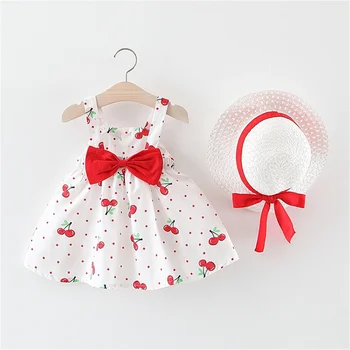 2 buc/SetNew de rochii de Vara transfrontaliere Uzura pentru Copii Drăguț Arc Cherry Imprimare Sling Rochie Vine cu Aceeași Pălărie ca un Cadou