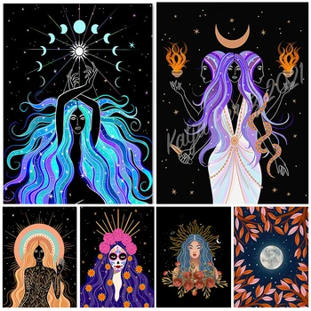 Vrăjitoare Fată Faza Lunii Soare Witchcraf Art Postere Si Printuri De Arta De Perete Panza Pictura Poze De Perete Pentru Camera De Zi Decor Acasă