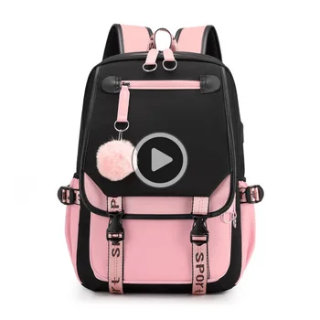 Fengdong mare ghiozdane pentru fete adolescente port USB panza ghiozdan carnetul de note sac de moda negru teen roz rucsac scoala