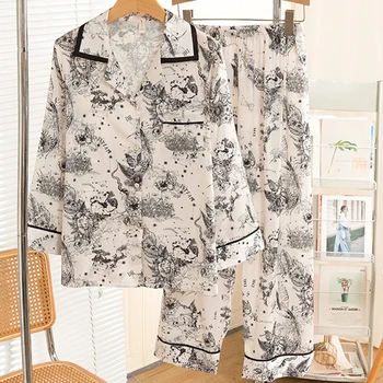 Imprimare alb Floare Pijamale Pijama Pour Femme pentru Femei de Moda 2 BUC Pijama Set Primavara Toamna Pantaloni Pijamas Costum de Satin Uzura Acasă