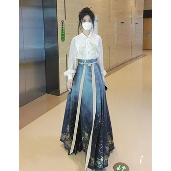 Îmbunătățit Modern, Brodate Tricou Albastru Fata De Cal Fusta Tradițională Chineză Hanfu De Sex Feminin Dinastiei Ming Printesa Costume Cosplay