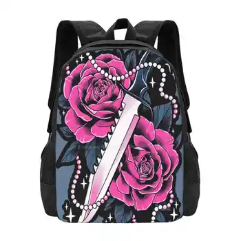 Cuțit Și Trandafiri Școală Saci De Călătorie Rucsac Pentru Laptop Pastelate Cuțit Tatuaj De Design Neotraditional Trandafiri Roz