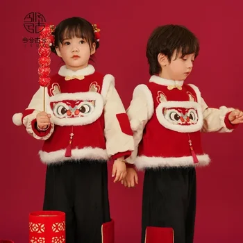 2024 Haine Tradițională Chineză Tang Costum pentru Copii de Iarna Hanfu pentru Fete Baietii de Anul Nou Poarte Dragonul Roșu Sacou Captusit Set