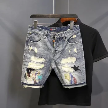 De vară de Moda pentru Bărbați Fragmentat Patch Cerșetor pantaloni Scurti din Denim Hip Hop Lavabil Blugi pantaloni Scurți Casual Mijlocul Pantaloni