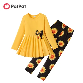 PatPat 2 buc Copil Fata Bowknot Design Tricou cu mâneci Lungi și imprimeu Floral Jambiere Set Moale si Confortabil Stil de Bază