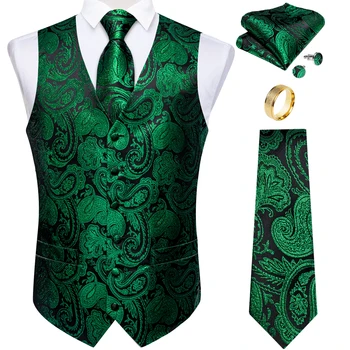 Moda Verde Paisley Vesta pentru Omul de Afaceri Festivalul de Rochie se Potrivesc Bărbați Vesta de Lux de Mătase, Cravată, batistă de Buzunar Butoni Inel
