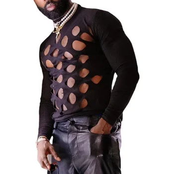 AIIOU Sexy Bărbați Maiouri Tricou Plasă Vedea Prin O-neck Maneca Lunga Streetwear Gol Neregulat Topuri de Cultură Bărbați Îmbrăcăminte 2024